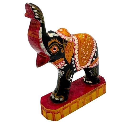 Wooden Elephant on Platform Decorative Sculpture Hand Painted Trunk Up Vtg 4" - Picture 1 of 10